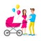 Dad mom with a baby carriage. A happy married couple with a newborn baby, cartoon vector illustration