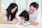 Dad and mom help their daughter doing homework