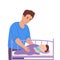 Dad puts the newborn to sleep.The father covers the child with a blanket in the crib.Vector illustration in flat style