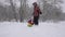 Dad rides his daughter on a sled in the winter forest in snowfall. happy parents play with their child in a Christmas