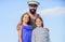 Dad sailor and daughters outdoors. Captain welcome on board. Marine tour. Sea cruise. Handsome bearded sailor with kids