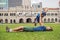 Dad and son on background of Merdeka square and Sultan Abdul Sam