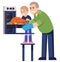 Dad and son baking whole chicken semi flat RGB color vector illustration