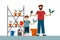 Dad and son in the garden. A close-knit family digs, plants, and waters. A man with a child in nature. Flat vector cartoon