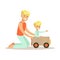 Dad And Son Playing With Cardboard Car, Loving Father Enjoying Good Quality Daddy Time With Happy Kid