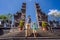 Dad and son tourists in budhist temple Brahma Vihara Arama Banjar Bali, Indonesia. Honeymoon