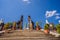 Dad and son tourists in budhist temple Brahma Vihara Arama Banjar Bali, Indonesia. Honeymoon