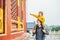 Dad and son travelers in the Temple of Heaven in Beijing. One of the main attractions of Beijing. Traveling with family