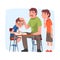 Dad Teaching his Sons, Parent Helping Children with Homework and Explaining Lesson in Textbook, Home Schooling Cartoon