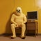 Dada Minimalism: Ogre Humanoid In Yellow Suit Near Yellow Desk