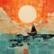 Dada Seascape Abstract: Imaginary Boat And Sun In Orange