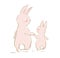 Daddy bunny and little bunny walking together. Rear view of a cute family of beige rabbits