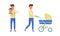 Daddy caring for his baby set. Father walking with pram and hugging his toddler baby vector illustration