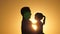 Daddy is circling his beloved healthy daughter in his arms. silhouette of dad and child at sunset. happy father and