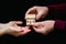 Daddy hands his daughter a wooden toy house. Housing gift_