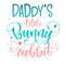 Daddy`s Little Bunny Rabbit quote. Isolated color pink, blue flat hand draw calligraphy script and grotesque lettering logo phras