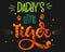 Daddy`s Little Tiger color hand draw calligraphy script lettering whith dots, splashes and whiskers decore