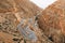 Dades Gorge mountain canyon. Famous Morocco tourist landmark, R704 way. Aerial