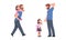 Dads having good time with their kids set. Father giving daughter piggyback ride and having fun together cartoon vector