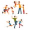 Dads Playing with Children Set, Fathers, Sons and Daughters Having Fun Together, Best Dad, Happy Family Concept Cartoon