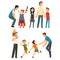 Dads Playing with Their Children Set, Fathers, Sons and Daughters Having Fun Together, Best Dad, Happy Family Cartoon