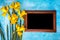 Daffodils and chalk board on a blue bright background. Top view. Copy space