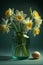 Daffodils in a glass jar on a dark green background