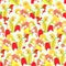 Daffodils, tulips, lily of the valley seamless pattern. Yellow, red, white flowers endless spring background