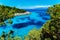 Dafnoudi beach in Kefalonia, Greece. Remote lagoon with pure crystal clean turquoise sea water, surrounded by cypress