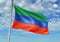 Dagestan region of Russia Flag waving with sky on background realistic 3d illustration