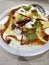 Dahi bhalla papdi chat with combo of bhalla, papdy, sweet curd, tamarind chatney, green chatney, beetroot julienne,pomegranate