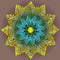 DAHLIA MANDALA FLOWER. PLAIN OLIVE BACKGROUND. COLORFUL DESIGN. CENTRAL FLOWER IN YELLOW, GREEN, BLUE, VIOLET, BROWN