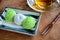 Daifuku green tea and sesame filling with cup of tea on wooden t