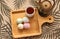 Daifuku Mochi and Green tea, put on the wooden tray. A teapot placed nearby.