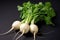 Daikon radish. Tasty fresh crude white round japanese radish with green stems and leaves. Generative AI