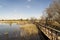 Daimiel tables in Ciudad Real. Lagoons with wooden walkway, blue sky