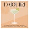Daiquiri Cocktail in martini glass garnished with lime slice. Retro card of summer aperitif recipe. Wall art square