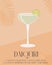 Daiquiri Cocktail in martini glass garnished with lime slice. Retro print of summer aperitif recipe. Wall art minimal