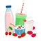 Dairy and berries. Milk, yogurt, cream, fresh berries vector illustration