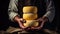 A dairy craftsman holds his handmade cheese, demonstrating his commitment to quality.