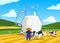 Dairy farm concept with glass jug of milk on pasture background with cows, farmer