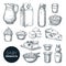 Dairy farm fresh products set. Vector hand drawn sketch illustration. Milk bottle, cottage cheese, yogurt, butter icons