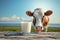 Dairy farming cow and milk against a vibrant blue sky