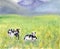 Dairy Pasturing Holstein Friesian black and white cows in a grassy field. Summer Rural scene. Alpine background. Watercolor