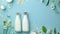 dairy plant based milk in two bottles,ingredients, plants on blue background. Copy space, Alternative lactose free milk substitute