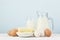Dairy products. Assortment of fresh milk on white table with col