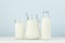 Dairy products. Assortment of fresh milk on white table with col