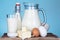 Dairy products assortment on old wooden table