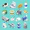 Dairy products factory isometric set on blue