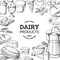 Dairy products framing. Hand drawn vintage background with engraved farm milk food. Butter and ice cream sketches